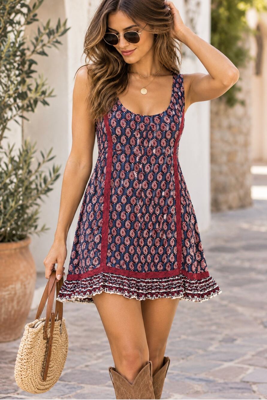 House of Harlow 1960 Paisley Babydoll Mini Dress S Boho Ruffle Navy Red Indie